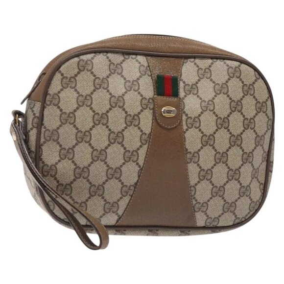 GUCCI GG Supreme Web Sherry Line Clutch Bag PVC Beige Gold - Picture 1 of 16